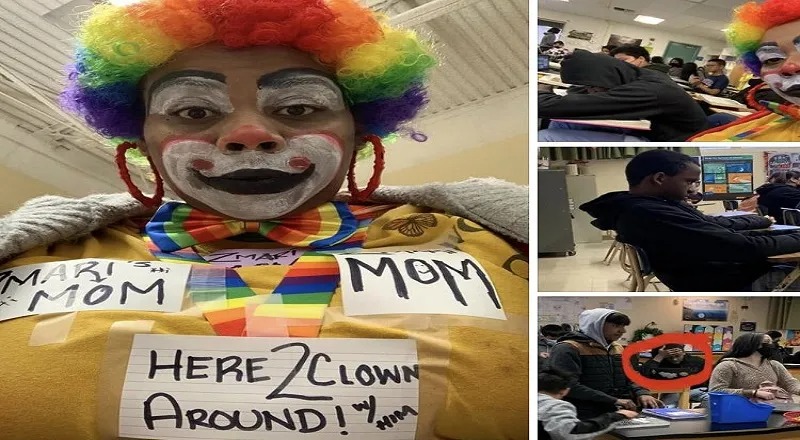 Mother dresses up as a clown and attends all of her son’s classes to punish him for being the class clown